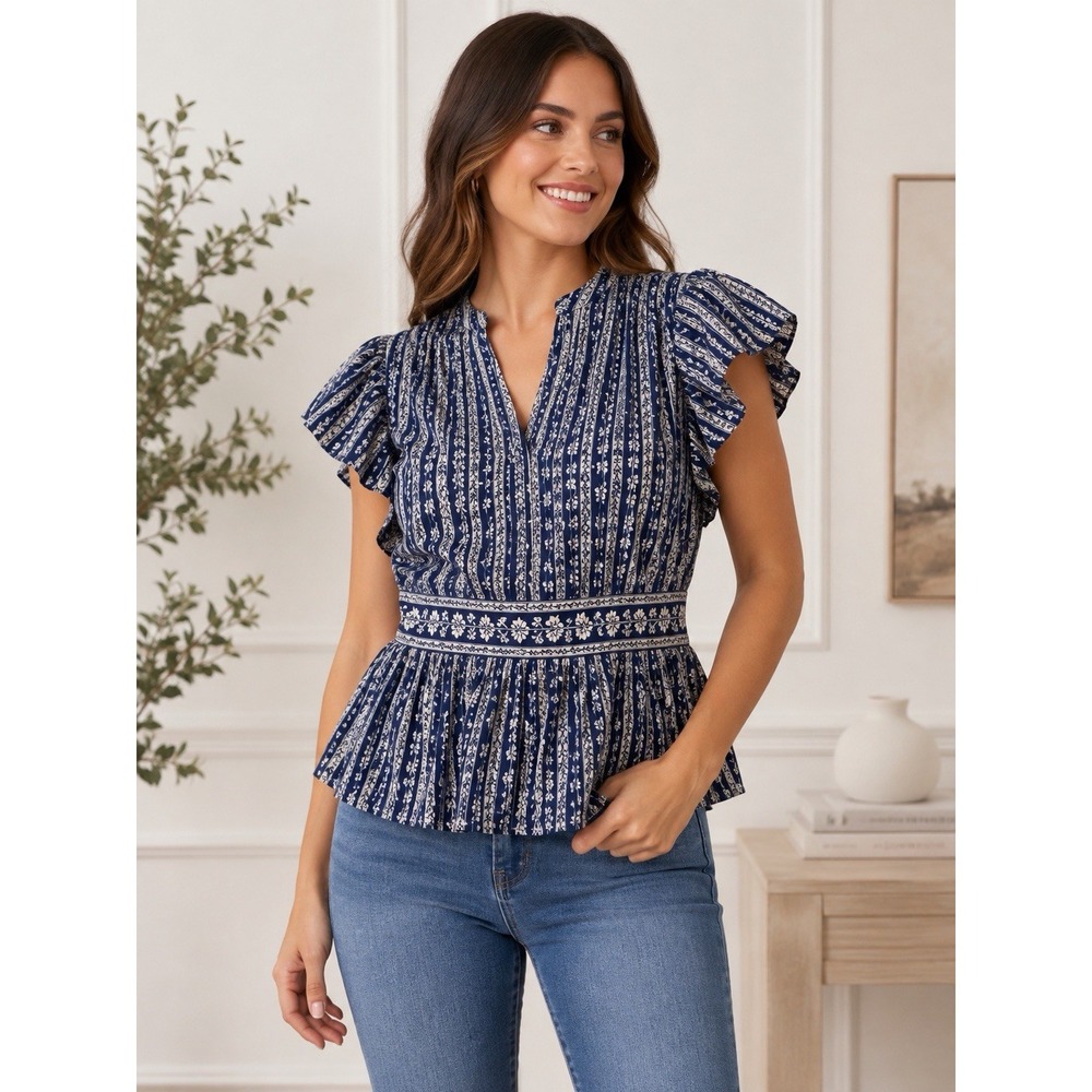 Max Studio Women's Medium Floral Stripe Peplum Flutter Sleeve Blouse Navy